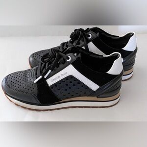 NEW MICHAEL KORS Black Billie Trainer Lasered Leather Sneakers Size 6